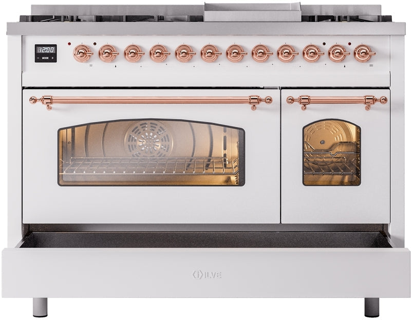 ILVE Nostalgie II 48" Dual Fuel Natural Gas Range in White with Copper Trim, UP48FNMPWHP