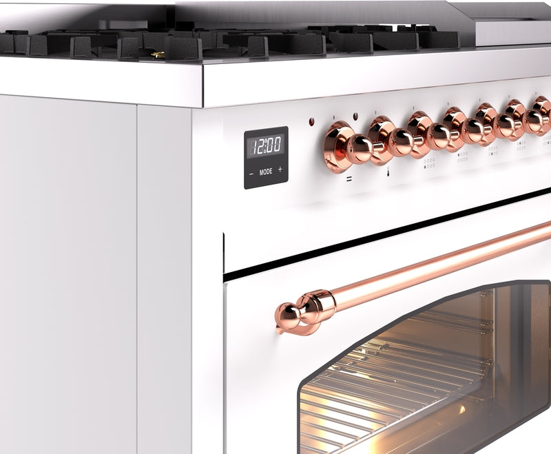 ILVE Nostalgie II 48" Dual Fuel Natural Gas Range in White with Copper Trim, UP48FNMPWHP