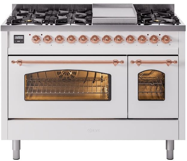 ILVE Nostalgie II 48" Dual Fuel Natural Gas Range in White with Copper Trim, UP48FNMPWHP