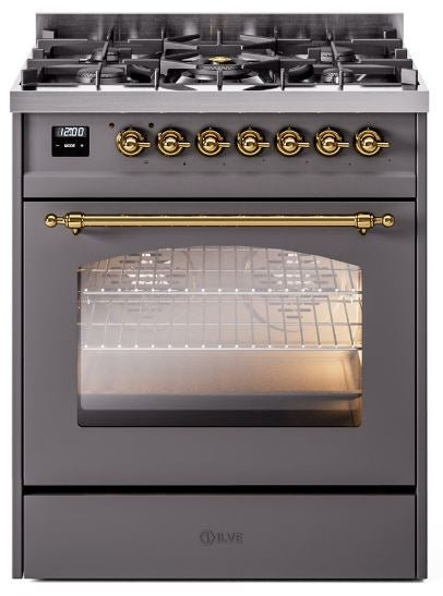 ILVE Nostalgie II 30" Dual Fuel Propane Gas Range in Matte Graphite with Brass Trim, UP30NMPMGGLP