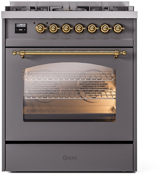 ILVE Nostalgie II 30" Dual Fuel Propane Gas Range in Matte Graphite with Brass Trim, UP30NMPMGGLP