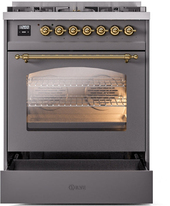 ILVE Nostalgie II 30" Dual Fuel Propane Gas Range in Matte Graphite with Brass Trim, UP30NMPMGGLP