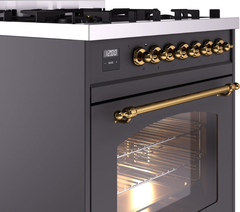 ILVE Nostalgie II 30" Dual Fuel Propane Gas Range in Matte Graphite with Brass Trim, UP30NMPMGGLP