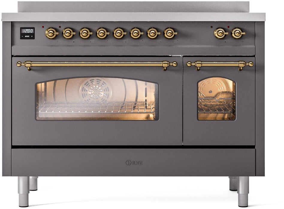 ILVE Nostalgie II 48" Induction Range with Element Stove and Electric Oven in Matte Graphite with Brass Trim, UPI486NMPMGG