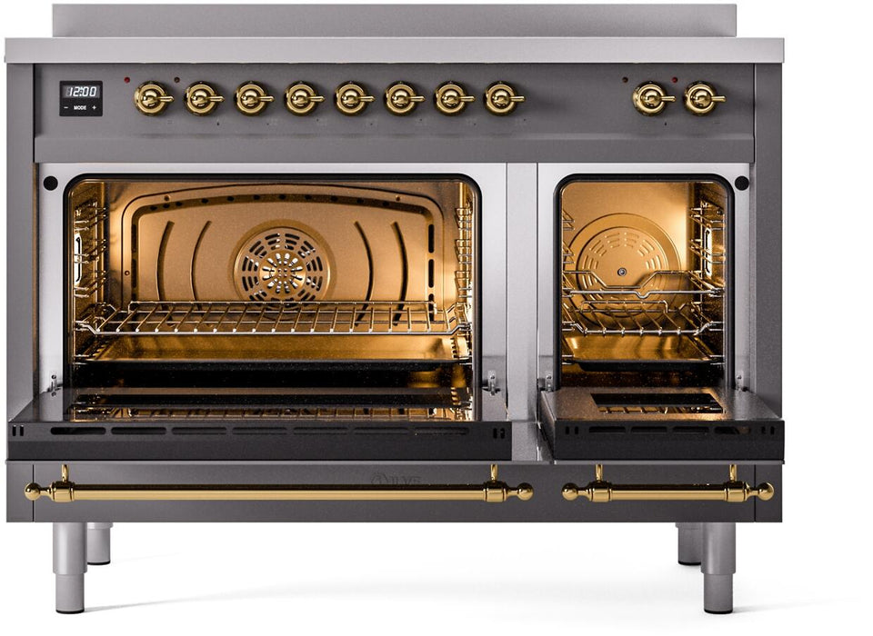 ILVE Nostalgie II 48" Induction Range with Element Stove and Electric Oven in Matte Graphite with Brass Trim, UPI486NMPMGG