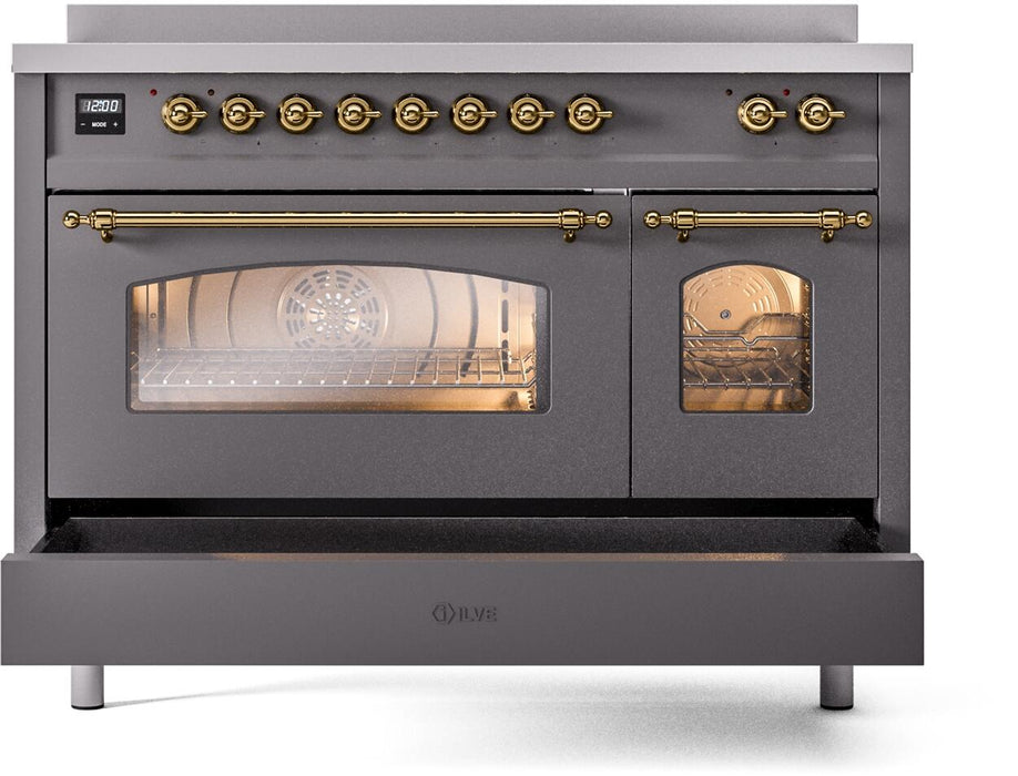 ILVE Nostalgie II 48" Induction Range with Element Stove and Electric Oven in Matte Graphite with Brass Trim, UPI486NMPMGG