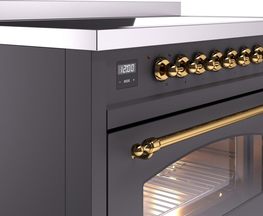 ILVE Nostalgie II 48" Induction Range with Element Stove and Electric Oven in Matte Graphite with Brass Trim, UPI486NMPMGG