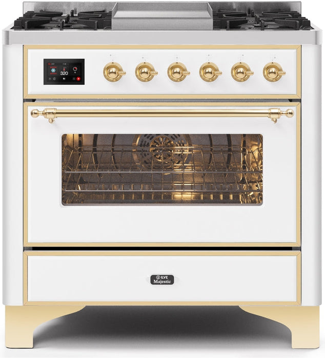 ILVE Majestic II 36" Dual Fuel Natural Gas Range in White with Brass Trim, UM09FDNS3WHG