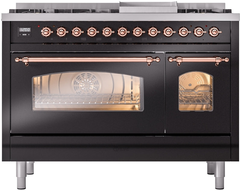 ILVE Nostalgie II 48" Dual Fuel Natural Gas Range in Black with Copper Trim, UP48FNMPBKP