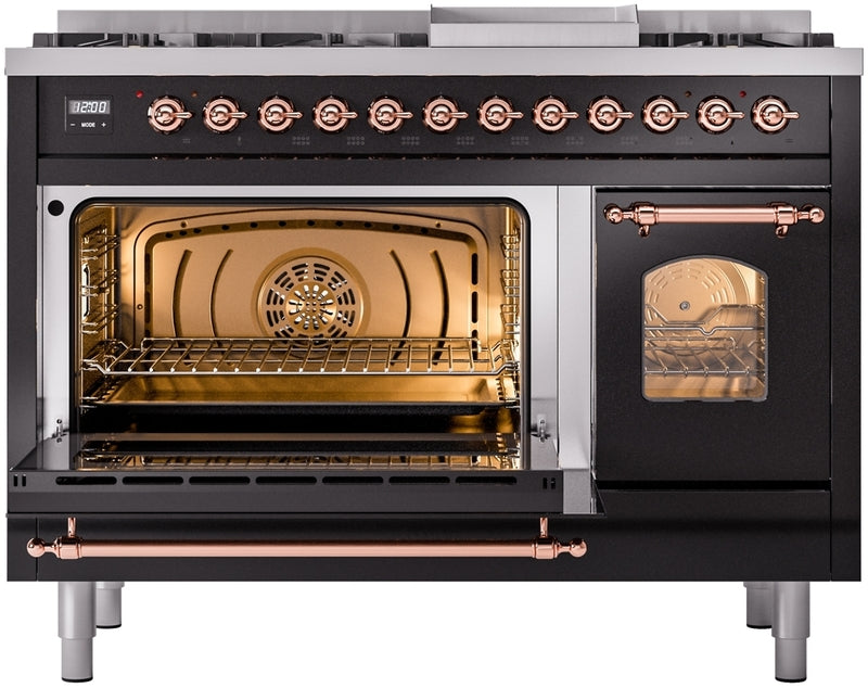 ILVE Nostalgie II 48" Dual Fuel Natural Gas Range in Black with Copper Trim, UP48FNMPBKP