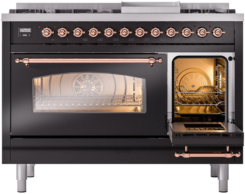 ILVE Nostalgie II 48" Dual Fuel Natural Gas Range in Black with Copper Trim, UP48FNMPBKP