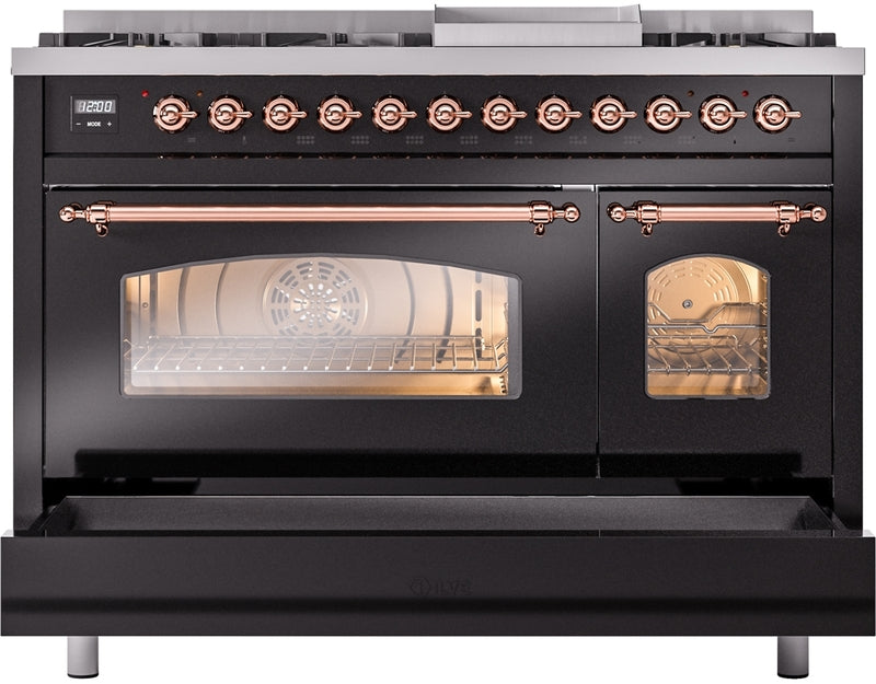 ILVE Nostalgie II 48" Dual Fuel Natural Gas Range in Black with Copper Trim, UP48FNMPBKP