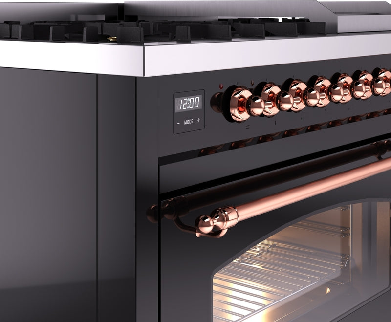 ILVE Nostalgie II 48" Dual Fuel Natural Gas Range in Black with Copper Trim, UP48FNMPBKP