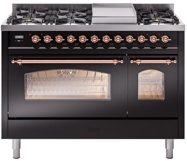 ILVE Nostalgie II 48" Dual Fuel Natural Gas Range in Black with Copper Trim, UP48FNMPBKP