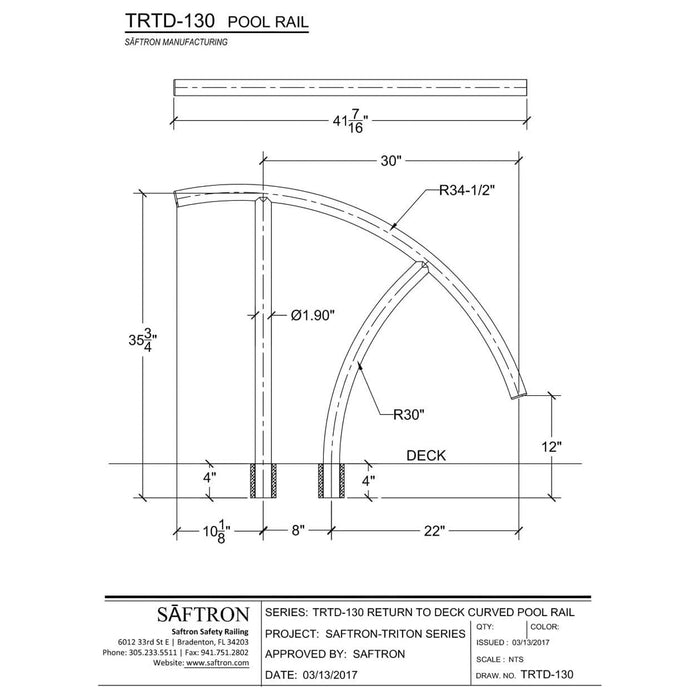 Saftron Triton 30"x35.75" High Impact Marine Grade Aluminum Pool Handrail, White