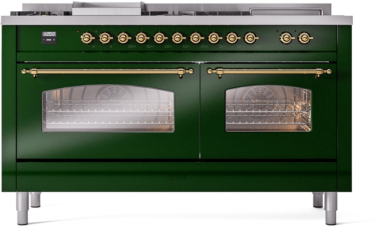 ILVE Nostalgie II 60" Dual Fuel Propane Gas Range in Emerald Green with Brass Trim, UP60FSNMPEGGLP