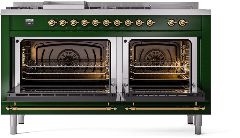 ILVE Nostalgie II 60" Dual Fuel Propane Gas Range in Emerald Green with Brass Trim, UP60FSNMPEGGLP