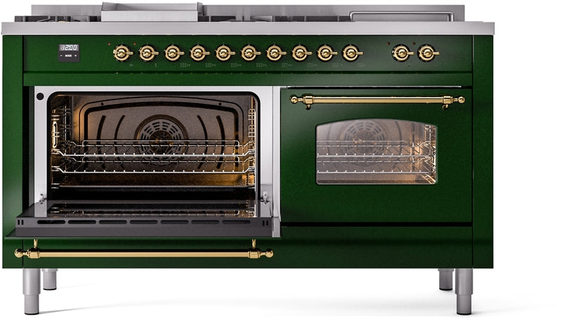 ILVE Nostalgie II 60" Dual Fuel Propane Gas Range in Emerald Green with Brass Trim, UP60FSNMPEGGLP