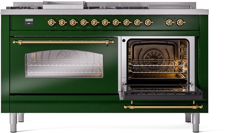 ILVE Nostalgie II 60" Dual Fuel Propane Gas Range in Emerald Green with Brass Trim, UP60FSNMPEGGLP