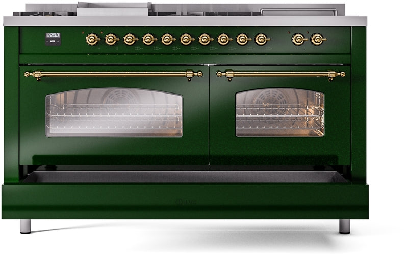 ILVE Nostalgie II 60" Dual Fuel Propane Gas Range in Emerald Green with Brass Trim, UP60FSNMPEGGLP