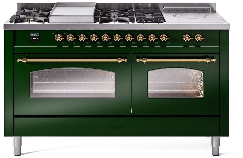 ILVE Nostalgie II 60" Dual Fuel Propane Gas Range in Emerald Green with Brass Trim, UP60FSNMPEGGLP