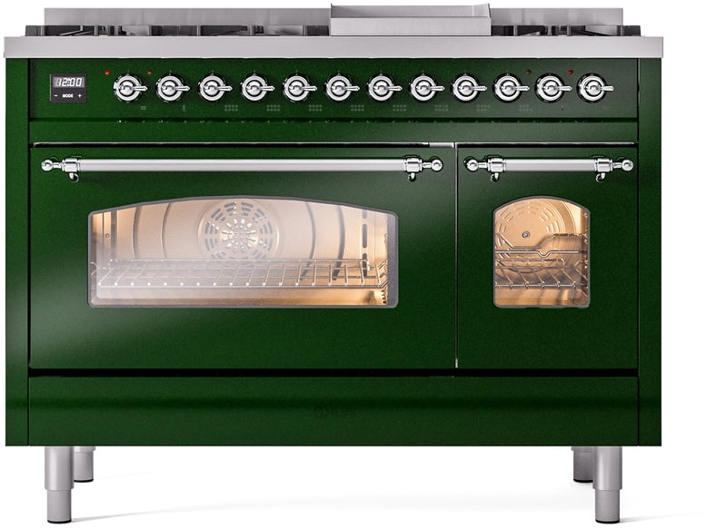 ILVE Nostalgie II 48" Dual Fuel Propane Gas Range in Emerald Green with Chrome Trim, UP48FNMPEGCLP