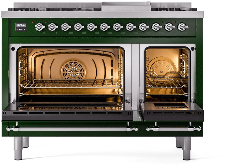 ILVE Nostalgie II 48" Dual Fuel Propane Gas Range in Emerald Green with Chrome Trim, UP48FNMPEGCLP