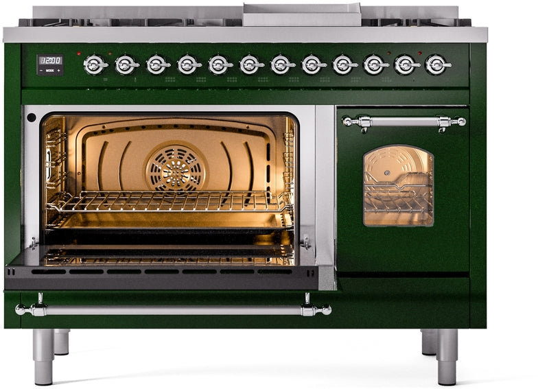 ILVE Nostalgie II 48" Dual Fuel Propane Gas Range in Emerald Green with Chrome Trim, UP48FNMPEGCLP