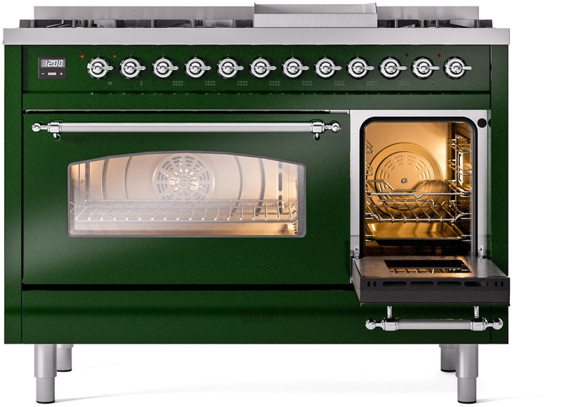 ILVE Nostalgie II 48" Dual Fuel Propane Gas Range in Emerald Green with Chrome Trim, UP48FNMPEGCLP