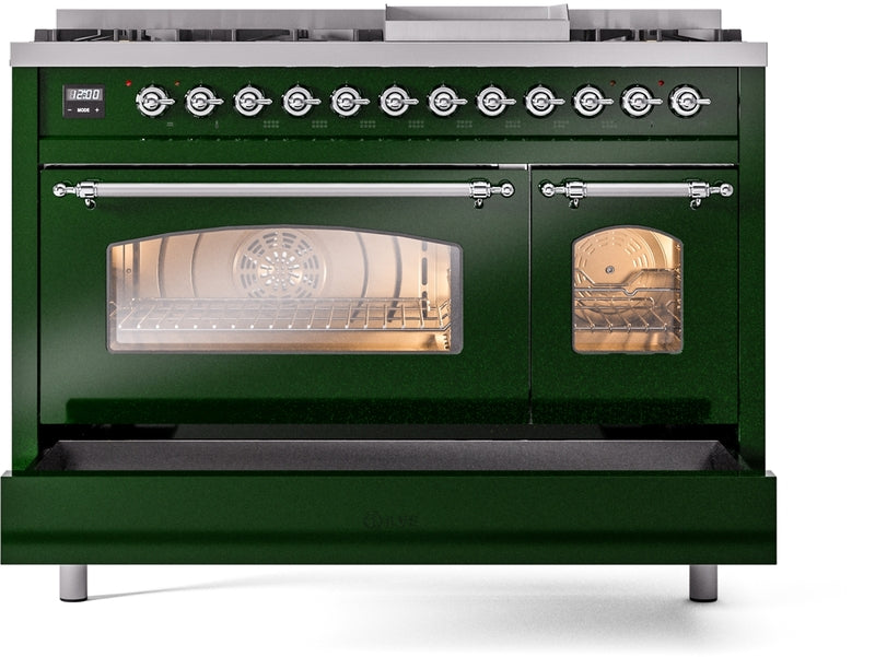 ILVE Nostalgie II 48" Dual Fuel Propane Gas Range in Emerald Green with Chrome Trim, UP48FNMPEGCLP