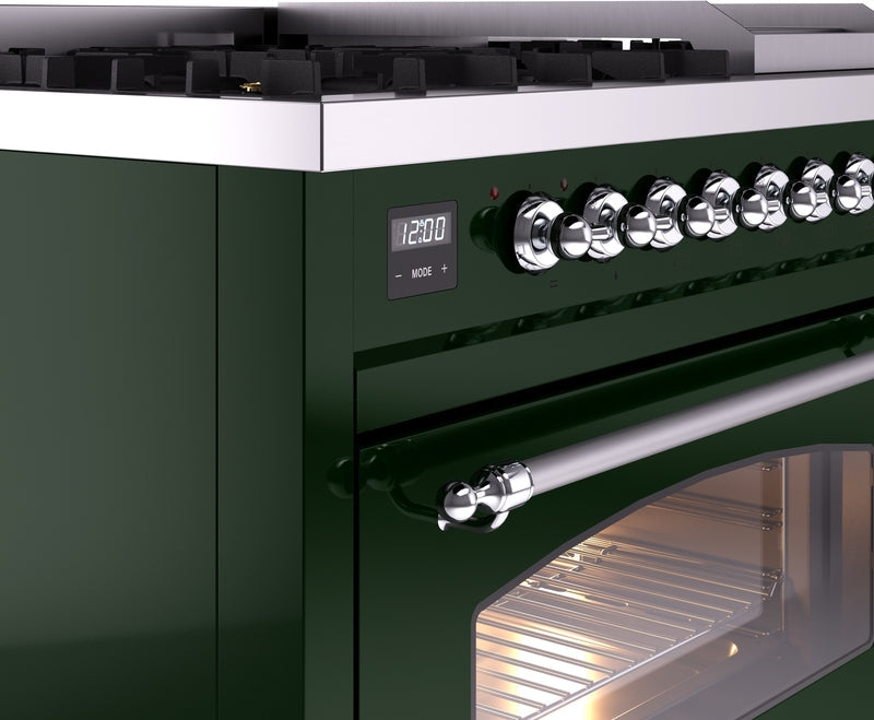 ILVE Nostalgie II 48" Dual Fuel Propane Gas Range in Emerald Green with Chrome Trim, UP48FNMPEGCLP