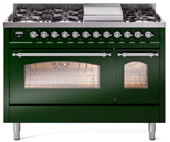 ILVE Nostalgie II 48" Dual Fuel Propane Gas Range in Emerald Green with Chrome Trim, UP48FNMPEGCLP