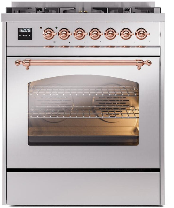 ILVE Nostalgie II 30" Dual Fuel Natural Gas Range in Stainless Steel with Copper Trim, UP30NMPSSP