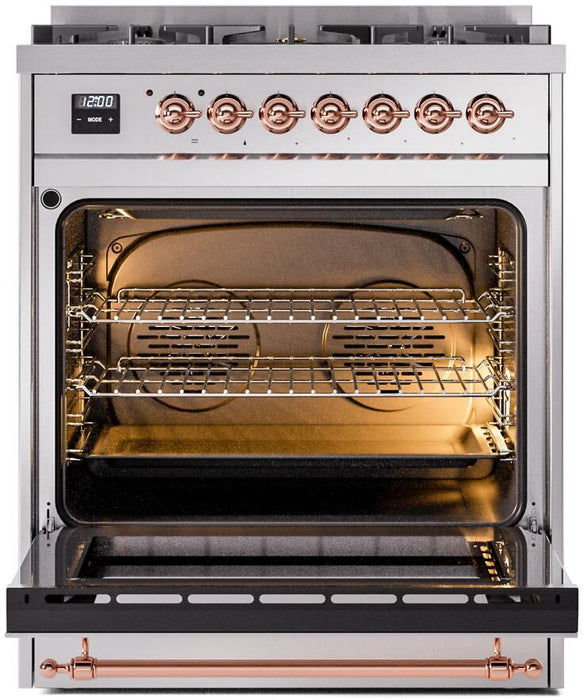 ILVE Nostalgie II 30" Dual Fuel Natural Gas Range in Stainless Steel with Copper Trim, UP30NMPSSP