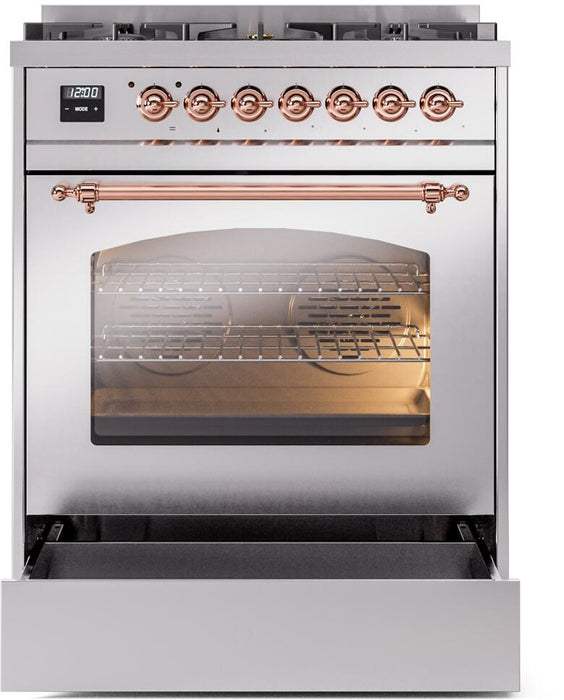 ILVE Nostalgie II 30" Dual Fuel Natural Gas Range in Stainless Steel with Copper Trim, UP30NMPSSP