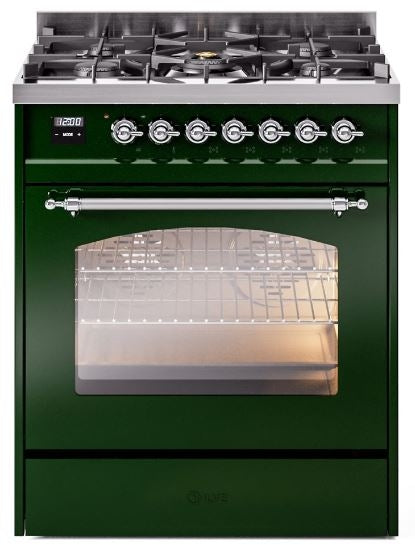 ILVE Nostalgie II 30" Dual Fuel Natural Gas Range in Emerald Green with Chrome Trim, UP30NMPEGC