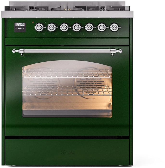 ILVE Nostalgie II 30" Dual Fuel Natural Gas Range in Emerald Green with Chrome Trim, UP30NMPEGC