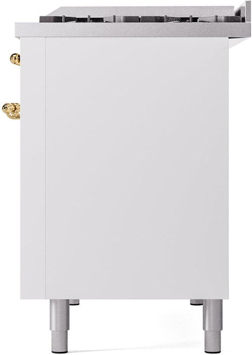 ILVE Nostalgie II 48" Dual Fuel Natural Gas Range in White with Brass Trim, UP48FNMPWHG