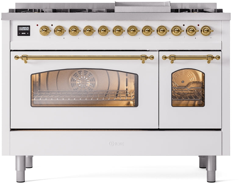 ILVE Nostalgie II 48" Dual Fuel Natural Gas Range in White with Brass Trim, UP48FNMPWHG