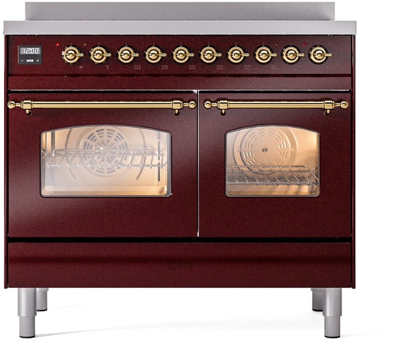 ILVE Nostalgie II 40" Induction Range with Element Stove and Electric Oven in Burgundy with Brass Trim, UPDI406NMPBUG