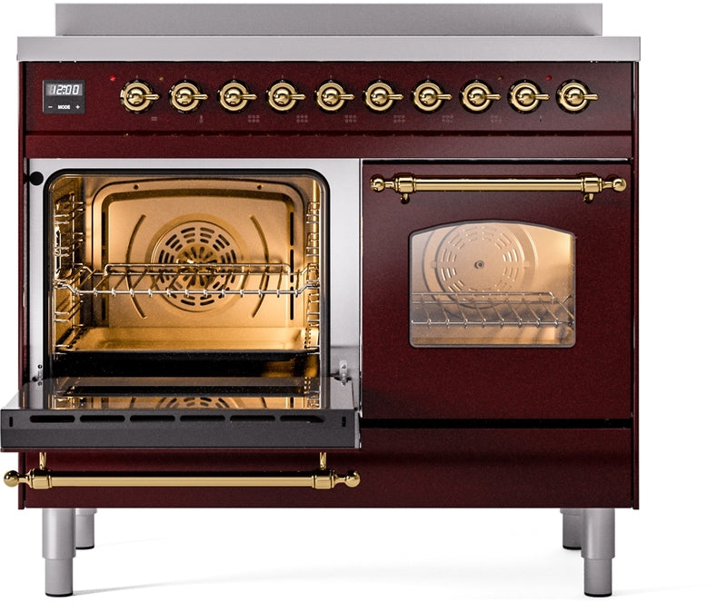 ILVE Nostalgie II 40" Induction Range with Element Stove and Electric Oven in Burgundy with Brass Trim, UPDI406NMPBUG