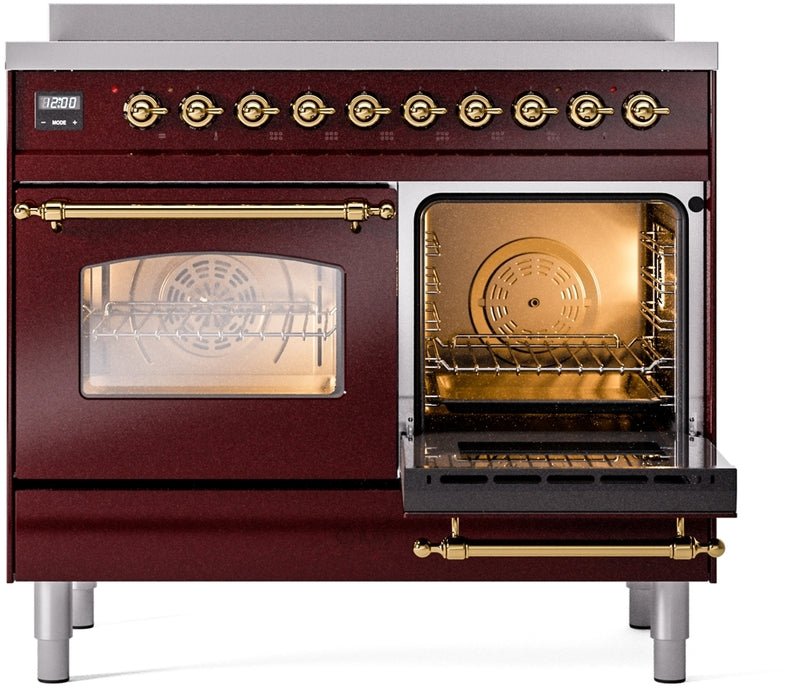 ILVE Nostalgie II 40" Induction Range with Element Stove and Electric Oven in Burgundy with Brass Trim, UPDI406NMPBUG