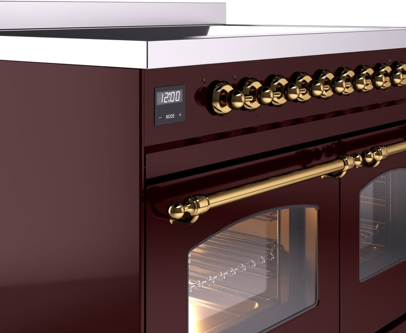 ILVE Nostalgie II 40" Induction Range with Element Stove and Electric Oven in Burgundy with Brass Trim, UPDI406NMPBUG