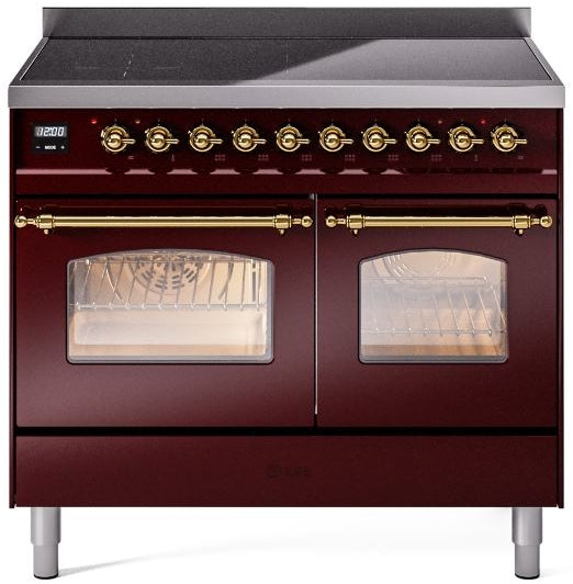 ILVE Nostalgie II 40" Induction Range with Element Stove and Electric Oven in Burgundy with Brass Trim, UPDI406NMPBUG