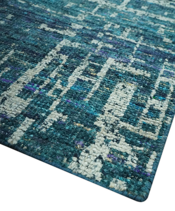 Modern Abstract Hand Knotted Teal and Ivory Contemporary Recycled Silk Area Rug