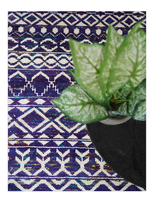 Hand Knotted Blue and White Modern Contemporary Southwestern Tribal Trellis Recycled Silk Area Rug | OP6