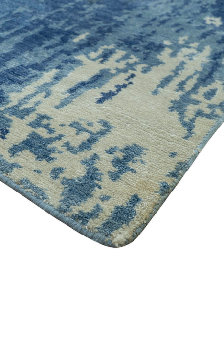 Modern Abstract Design Beige And Blue 9x12 Hand Knotted Bamboo Silk Area Rug