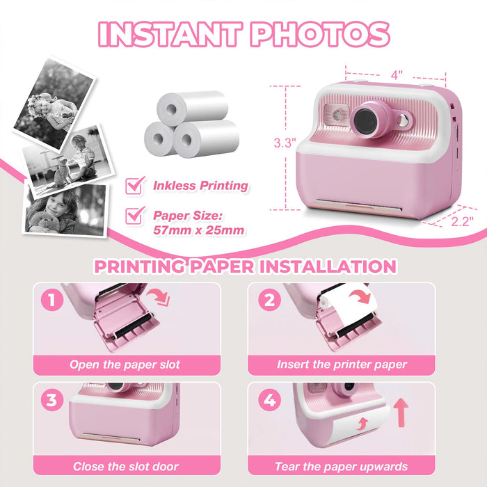 Kids Camera Instant Camera Christmas Birthday Gifts 1080P Digital Video Camera with 3 Rolls Paper, Pink