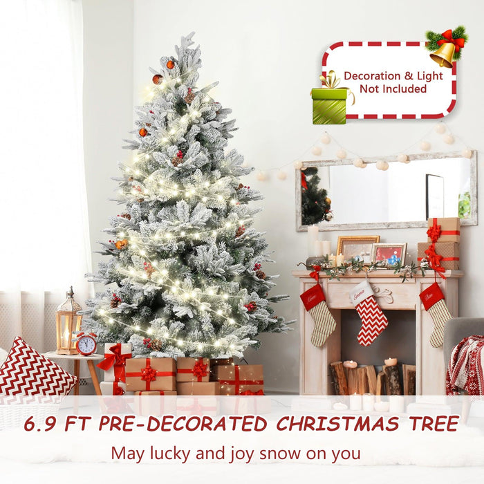 6.9ft Artificial Christmas Tree Snow Flocked Xmas Tree with 1150 Branch Tips Pine Cones and Red Berries