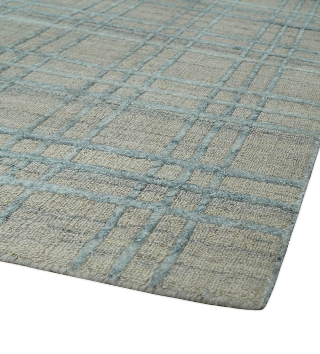Hand Made 8x10 Modern Geometric striped Beige and Silver Scandinavian Blended Wool Flatwoven Area Rug | KE11